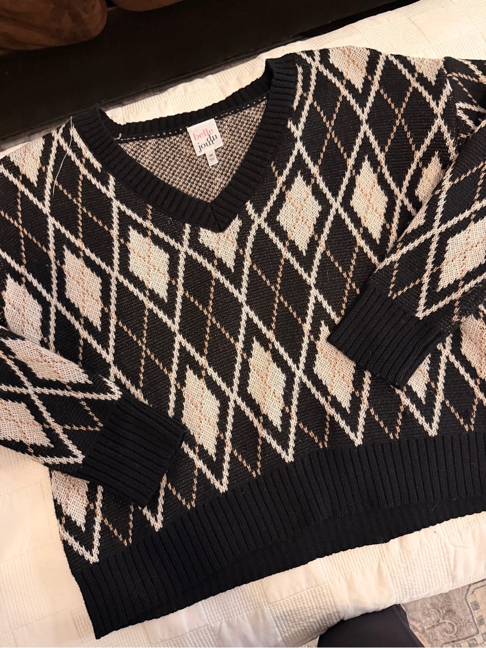 Belle Du Jour Black & Cream Argyle V-Neck Sweater
